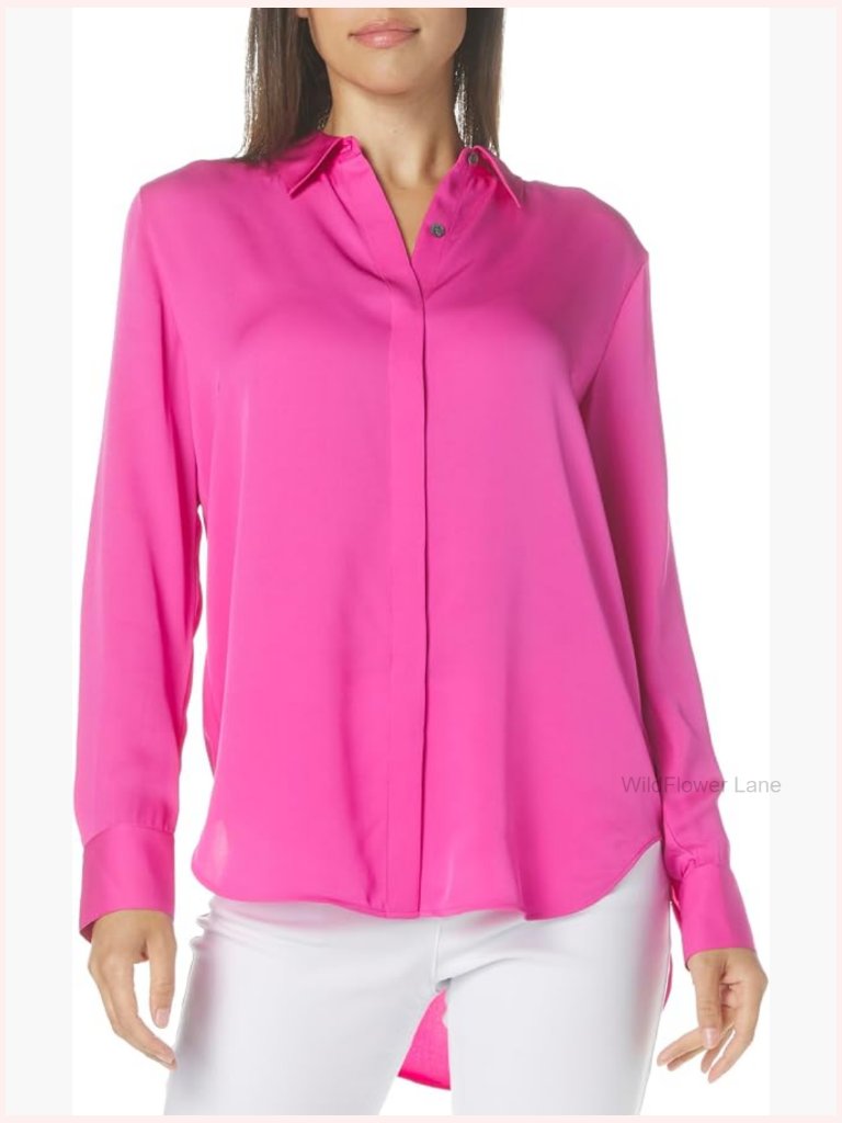 Long Sleeve Silk Button Down Blouse Collared Neck